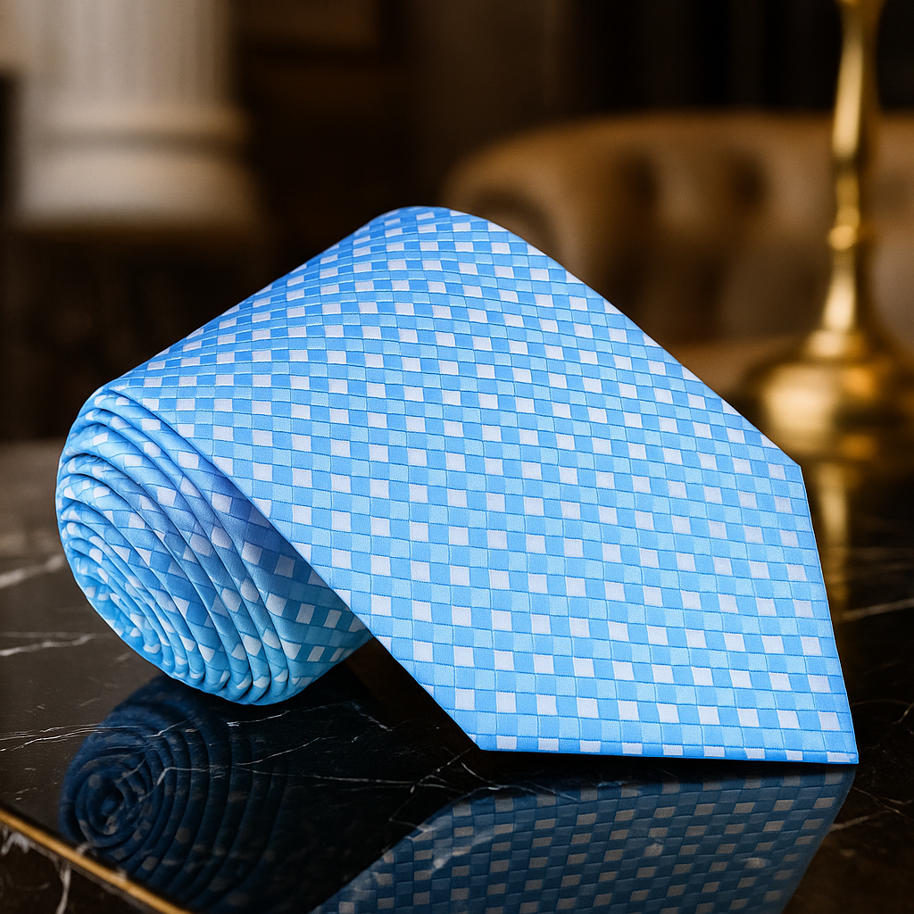 A Light Blue, White Small Geometric Check Pattern Necktie 
