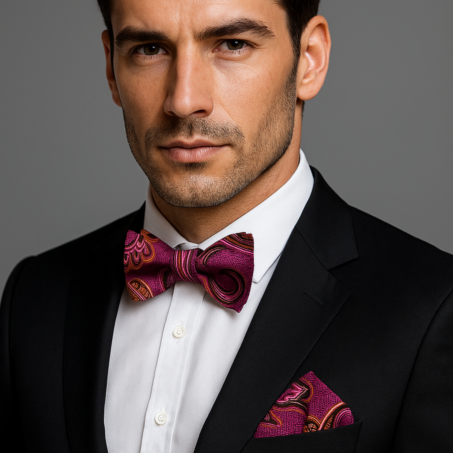 Man wearing a black suit with a white shirt and a pink paisley bow tie and pocket square on a gray background