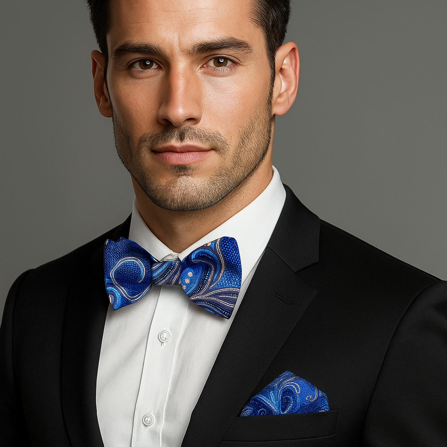 Man wearing a black suit with a blue paisley bow tie and pocket square on a gray background
