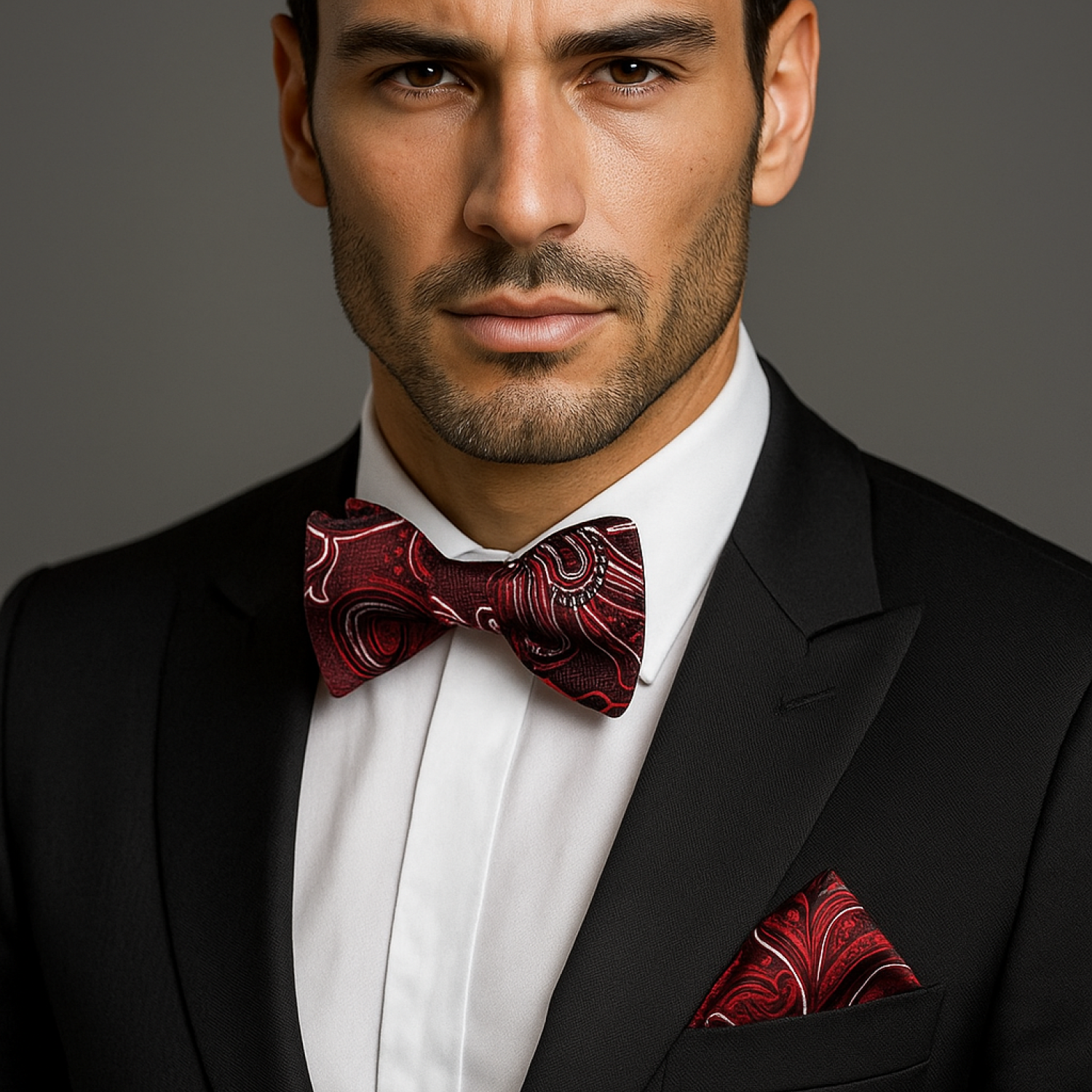 Man wearing a black suit with a red patterned bow tie and pocket square on a gray background