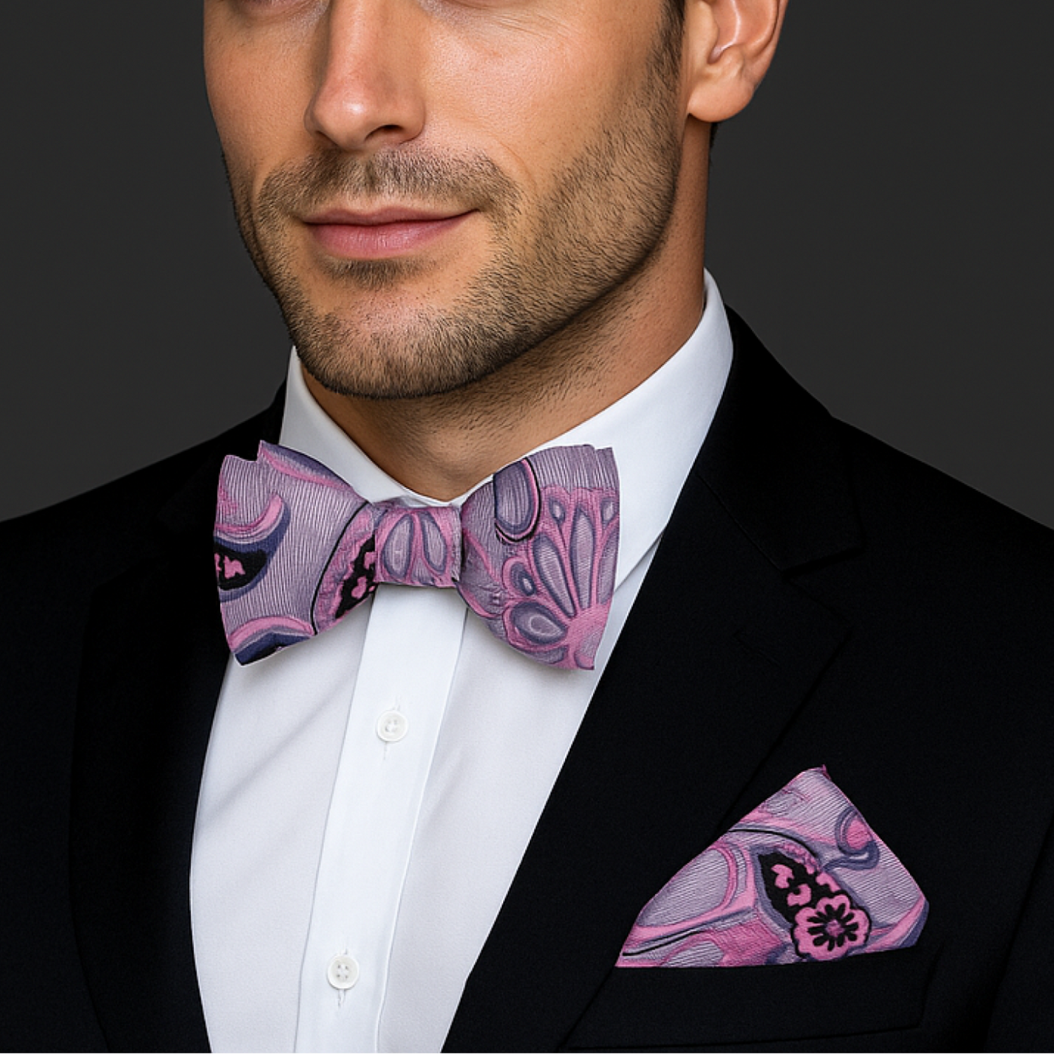 Man wearing a black suit with a pink paisley bow tie and pocket square against a dark background