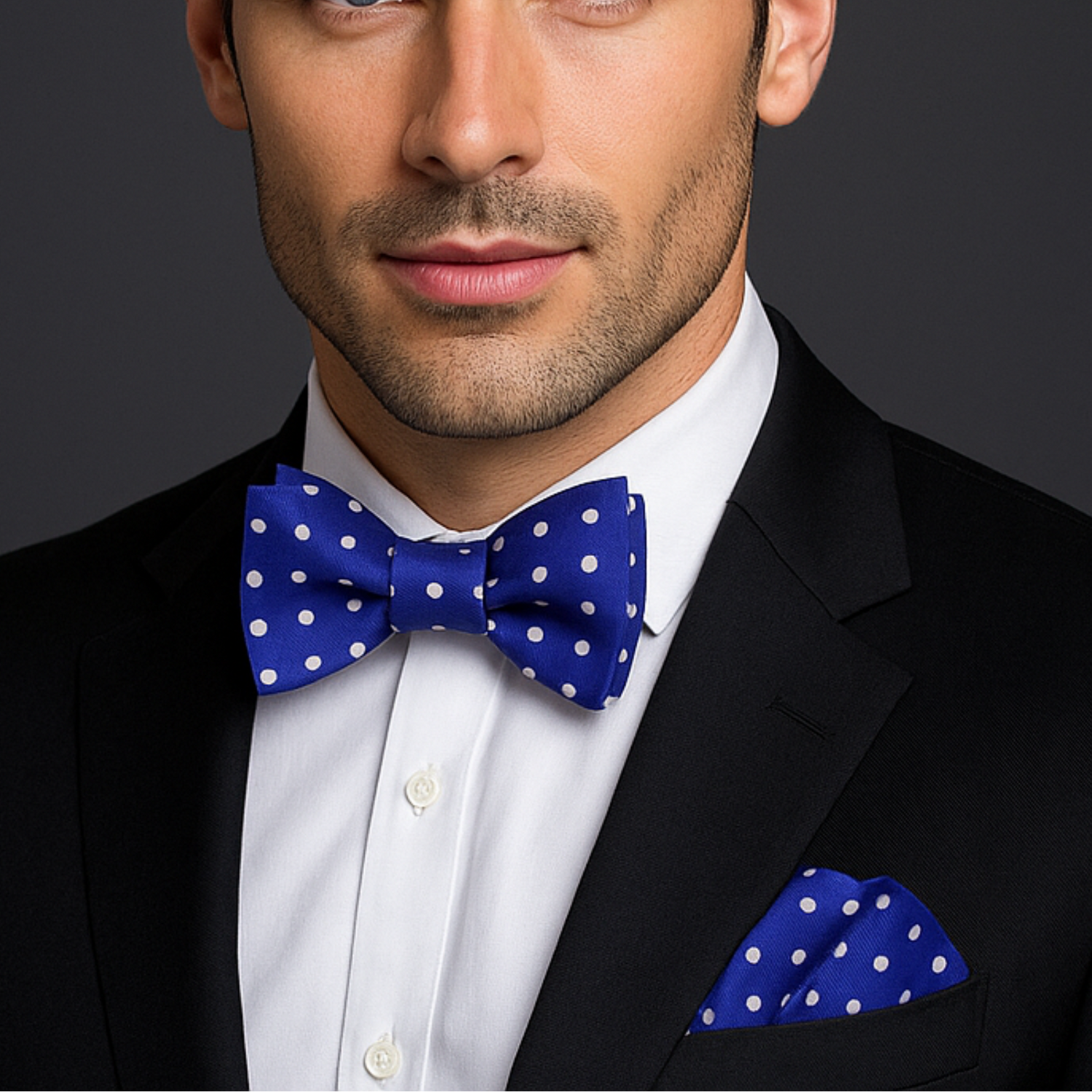 Man wearing a black suit with a blue polka dot bow tie and pocket square on a dark background