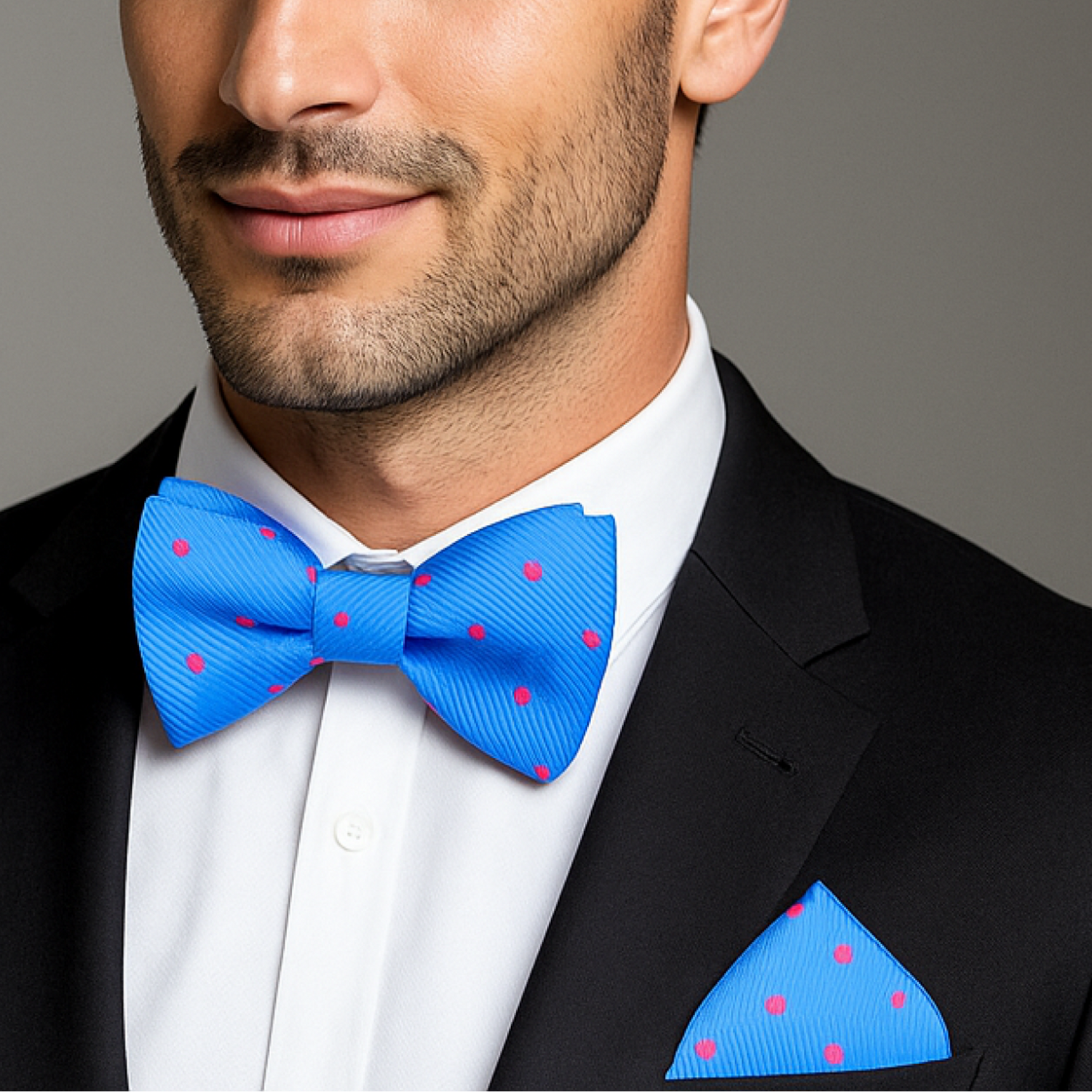 Man wearing a black suit with a light blue bow tie and matching pocket square on a gray background