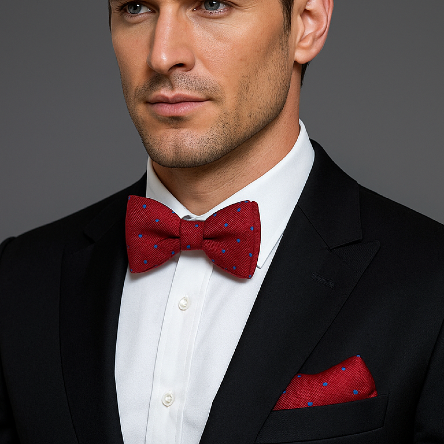 Man wearing a black suit with a red and blue polka bow tie and matching pocket square on a gray background