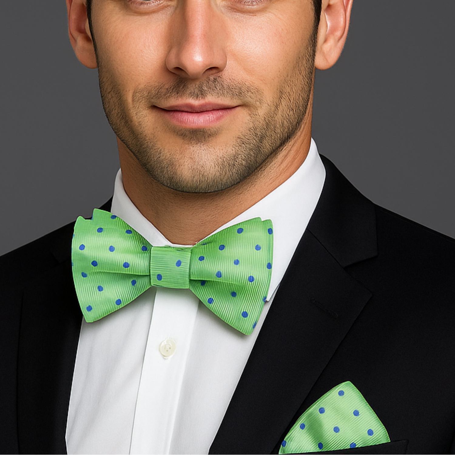 Man wearing a black suit with a green polka dot bow tie and pocket square on a gray background