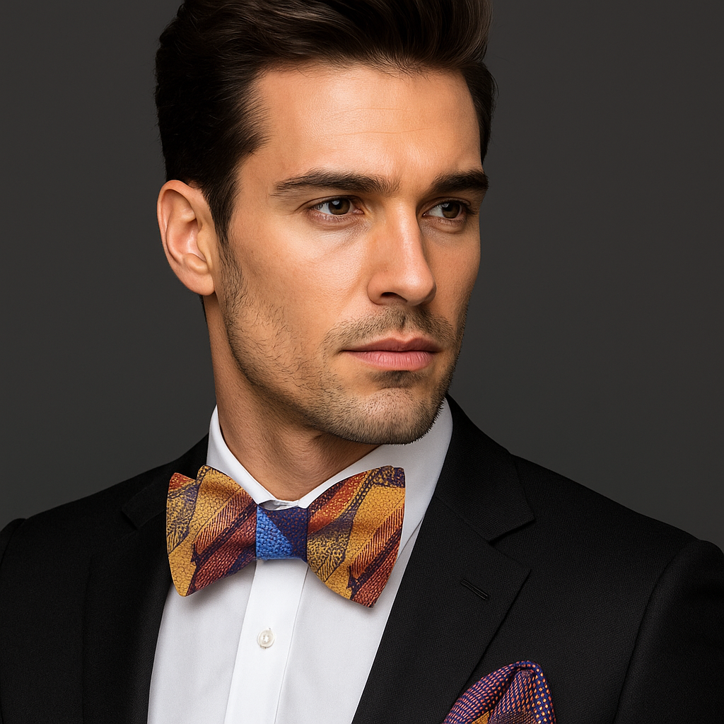 Man wearing a black suit with a colorful bow tie against a dark background
