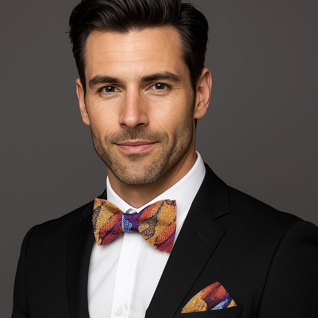 Man wearing a black suit with a colorful bow tie and pocket square on a gray background