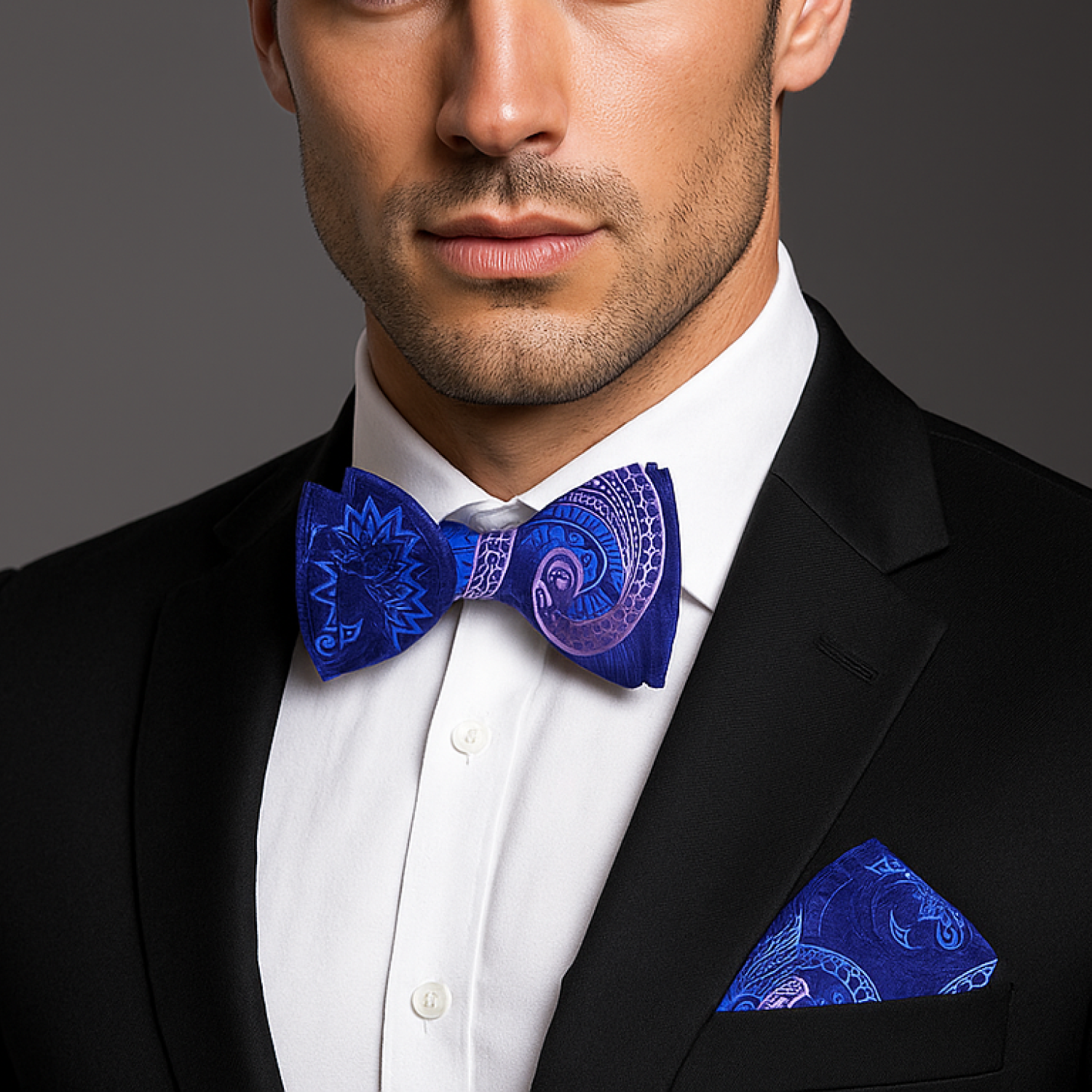 Man wearing a black suit with a white shirt and blue bow tie and pocket square.