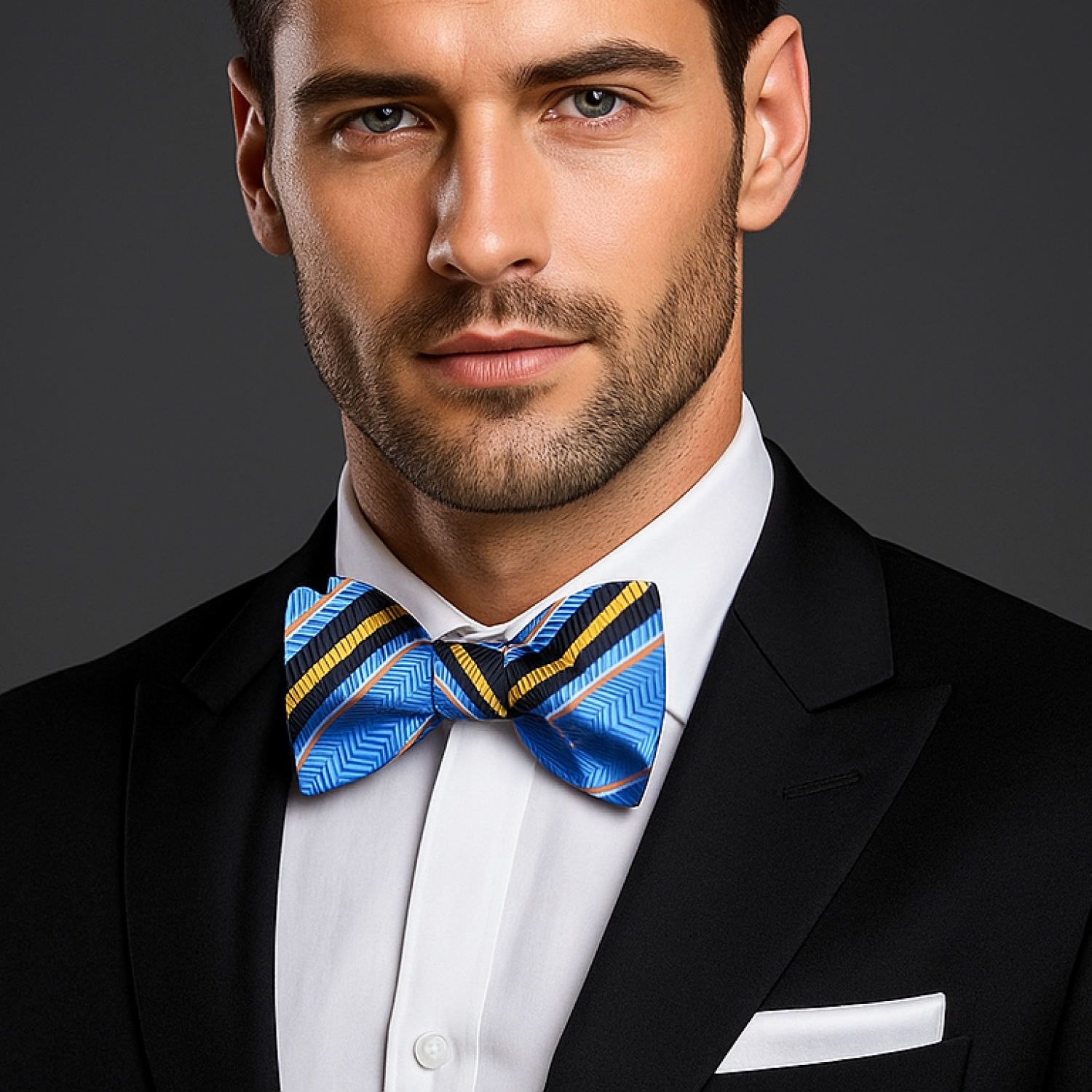 Man wearing a black suit with a blue and yellow stripe bow tie against a dark background