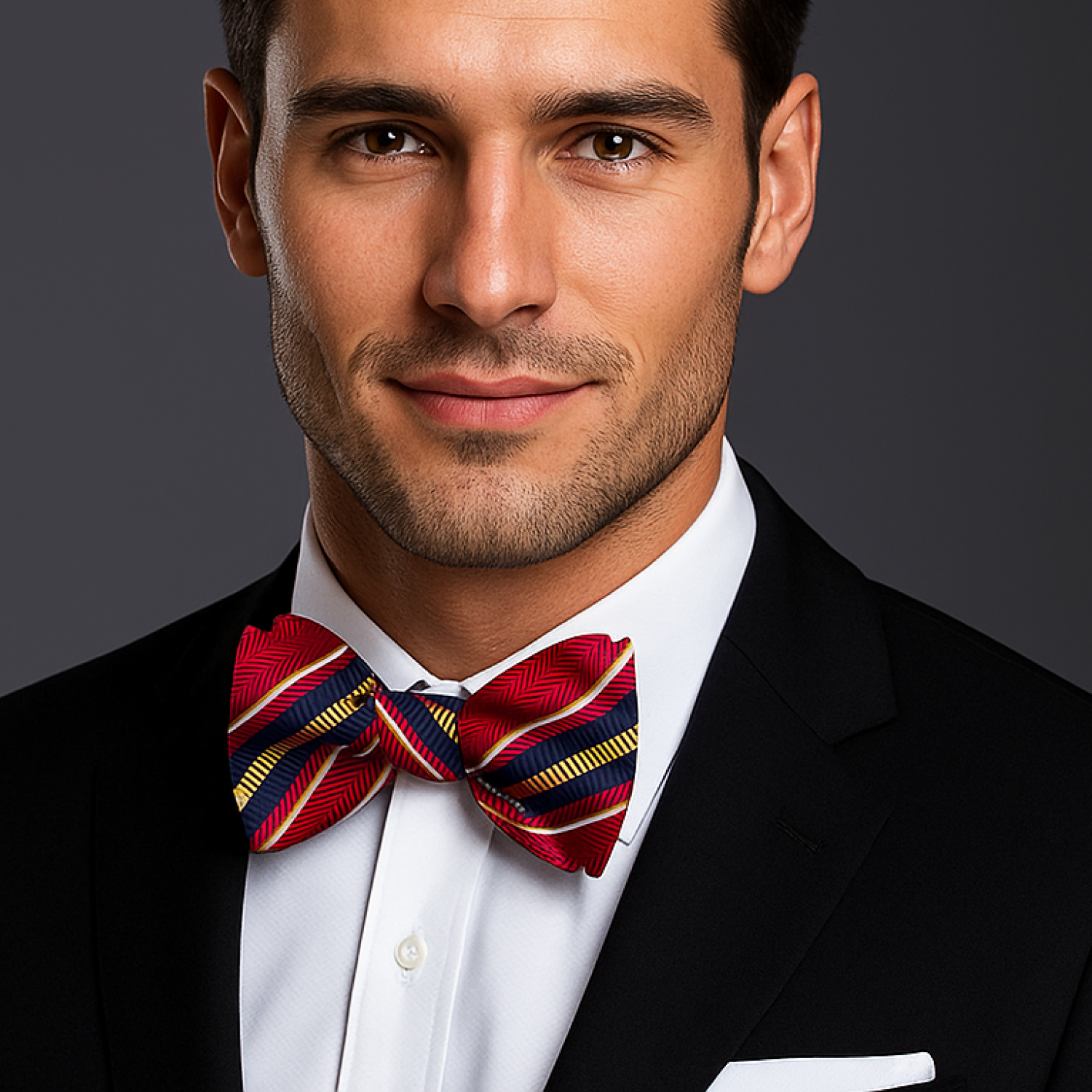 Man wearing a black suit with a red, yellow and dark blue striped bow tie on a dark background