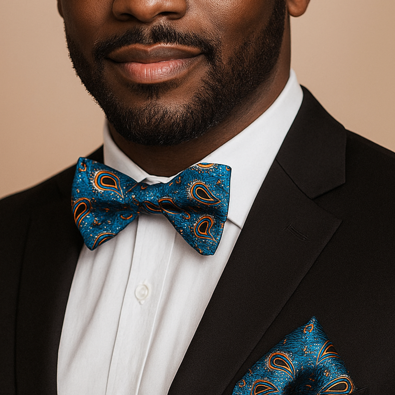 Man wearing a black suit with a blue paisley bow tie and pocket square against a beige background
