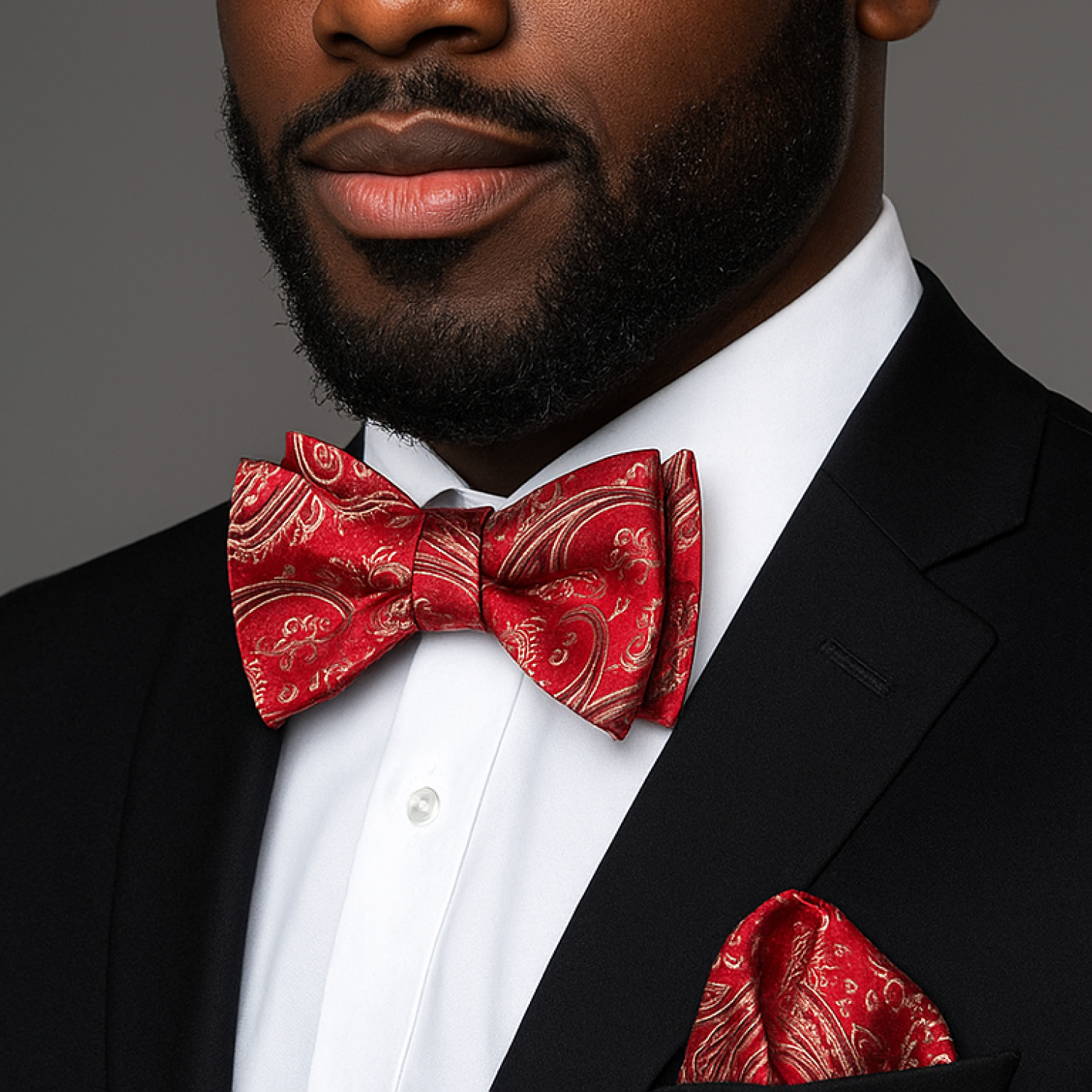 Man wearing a black suit with a red bow tie and matching pocket square against a gray background
