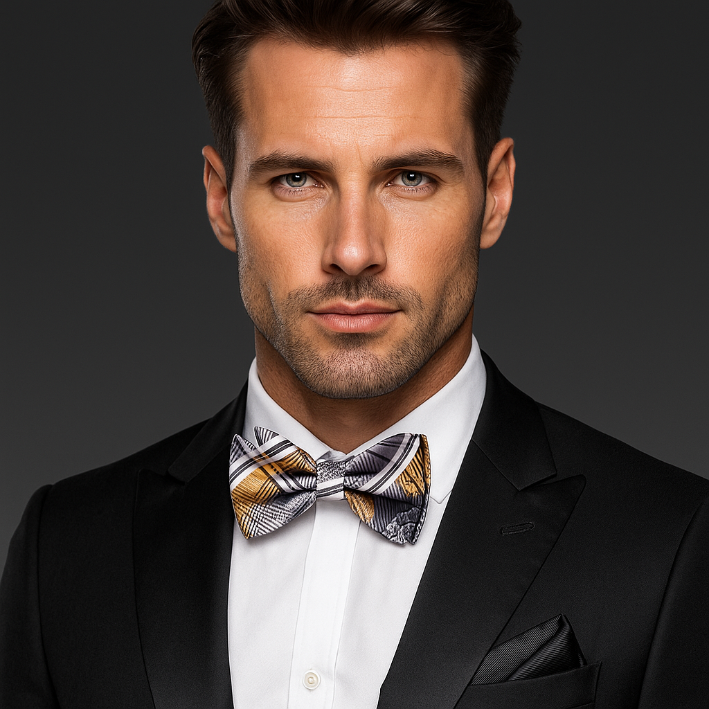 Man wearing a black suit with a patterned bow tie against a dark background