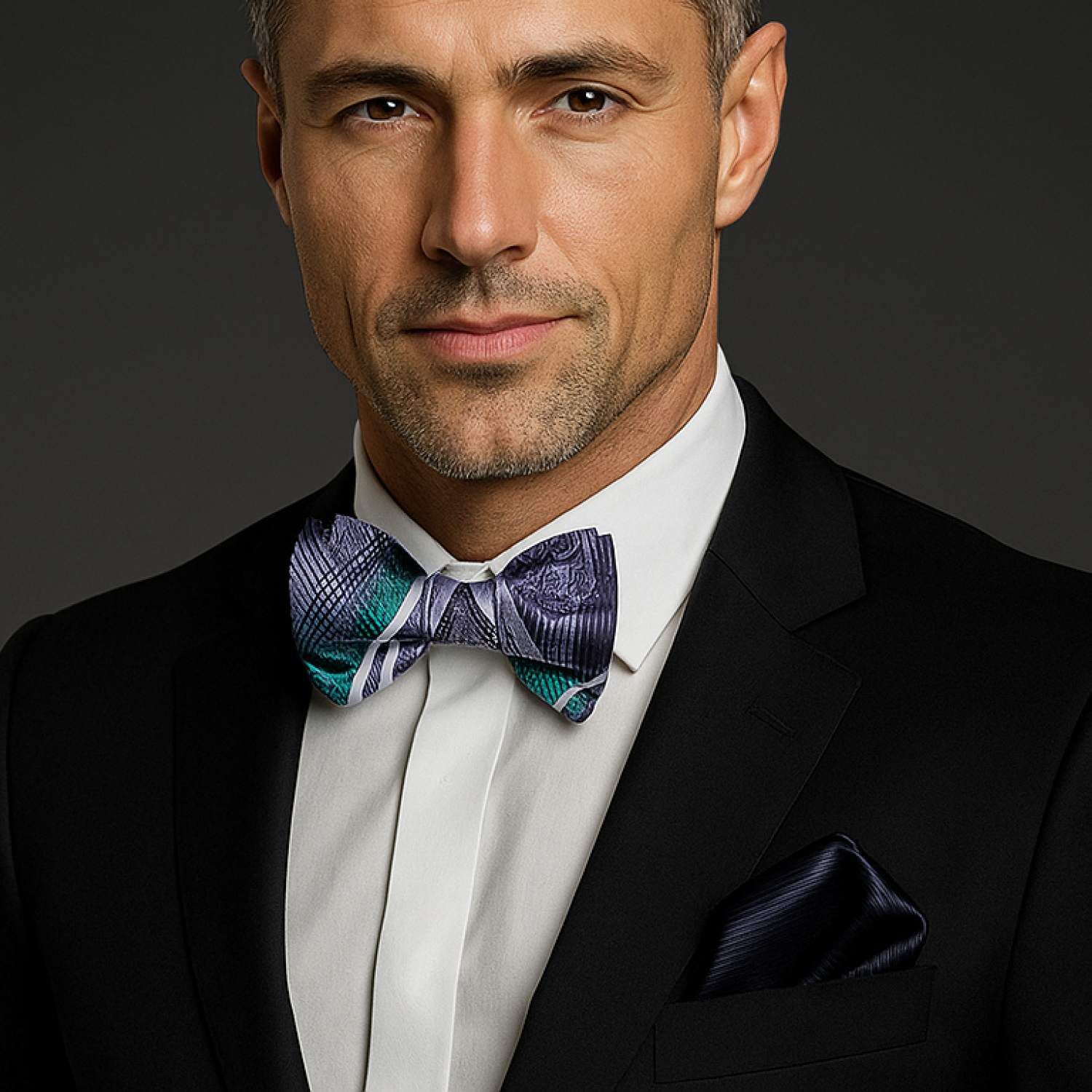 Man wearing a black suit with a white shirt and colorful bow tie against a dark background
