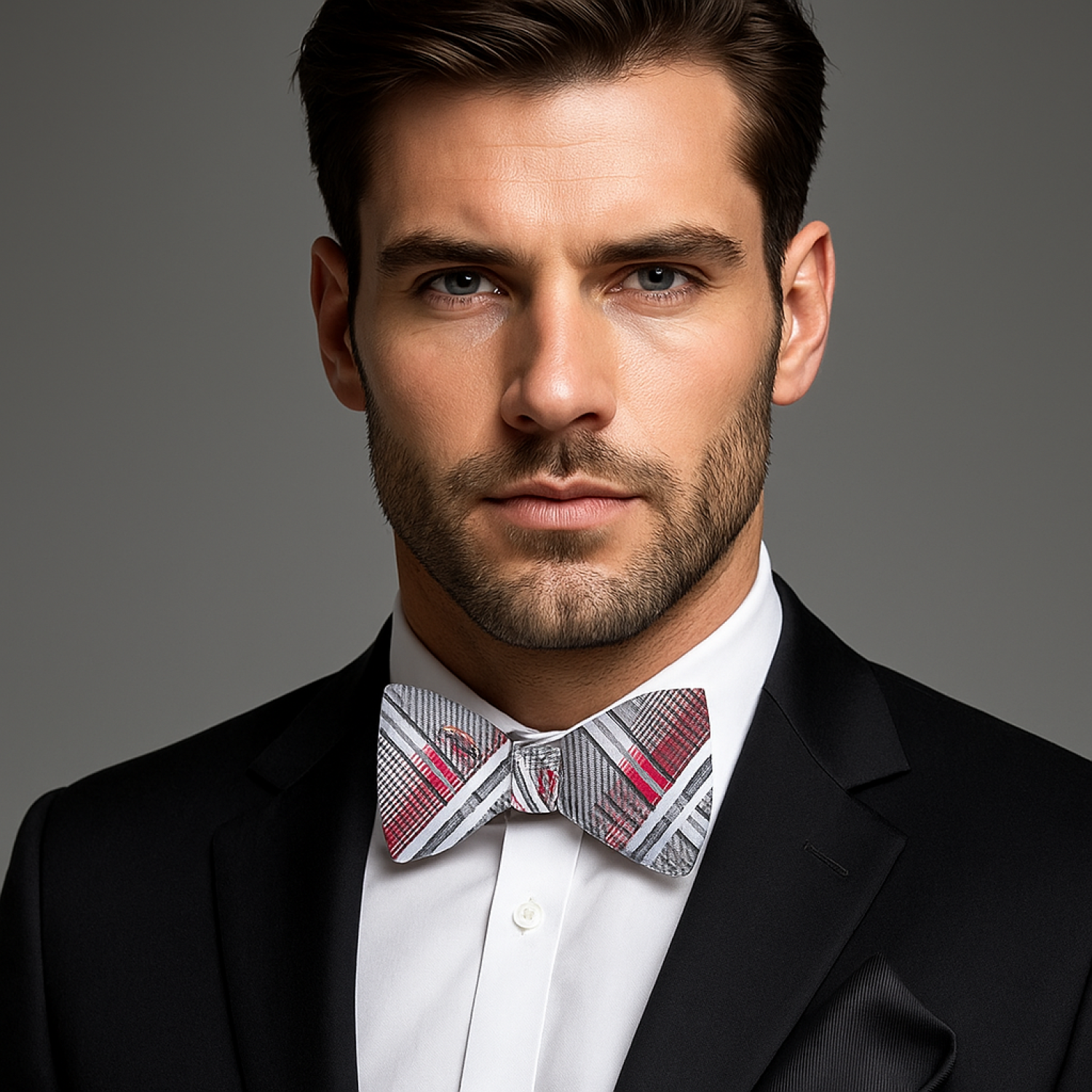 Man wearing a black suit with a patterned grey and red paisley bow tie against a gray background