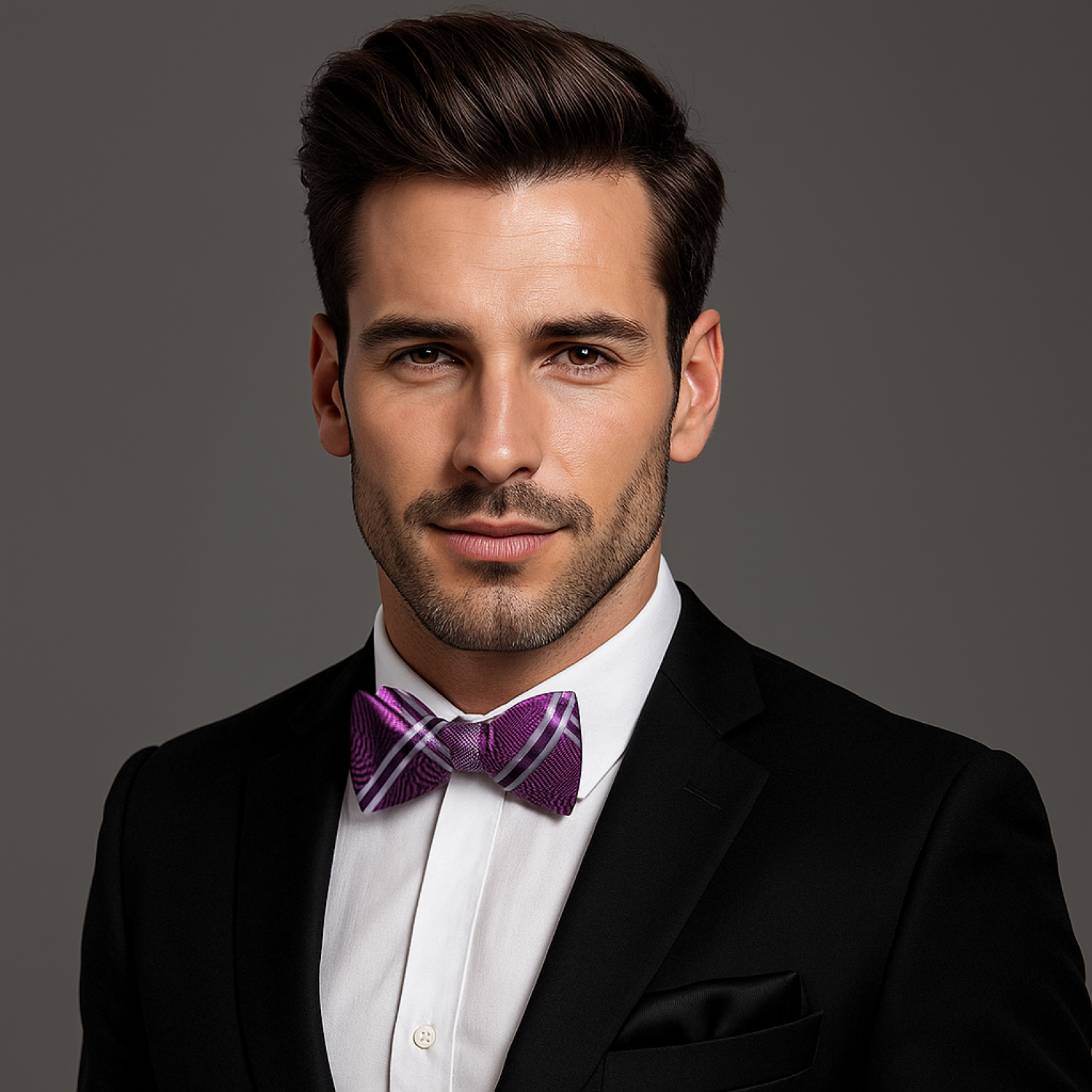 Man wearing a black suit with a white shirt and purple paisley bow tie against a gray background