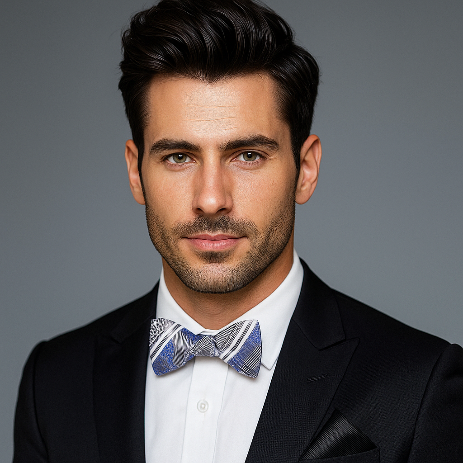 Man wearing a black suit with a white shirt and patterned silver and blue paisley bow tie against a gray background