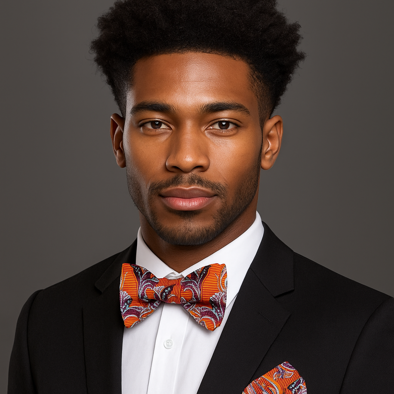 Man wearing a black suit with an orange and red patterned bow tie and pocket square on a gray background