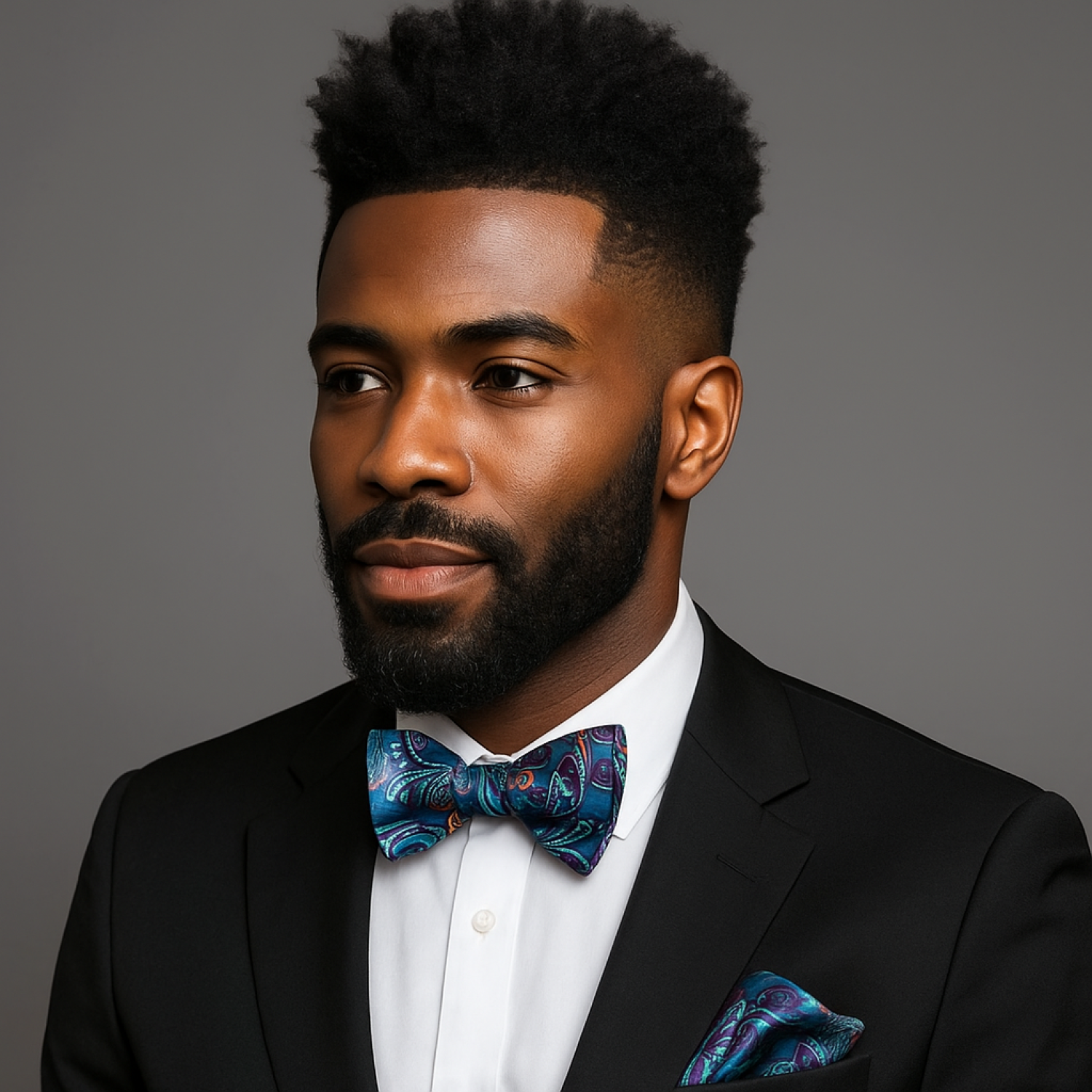 Man wearing a black suit with a colorful bow tie and pocket square on a gray background