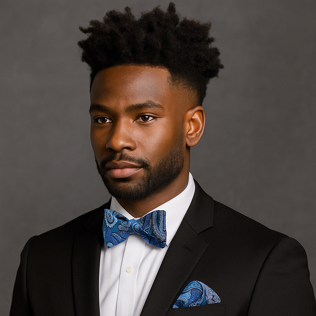 Man wearing a black suit with a blue patterned bow tie and pocket square against a gray background