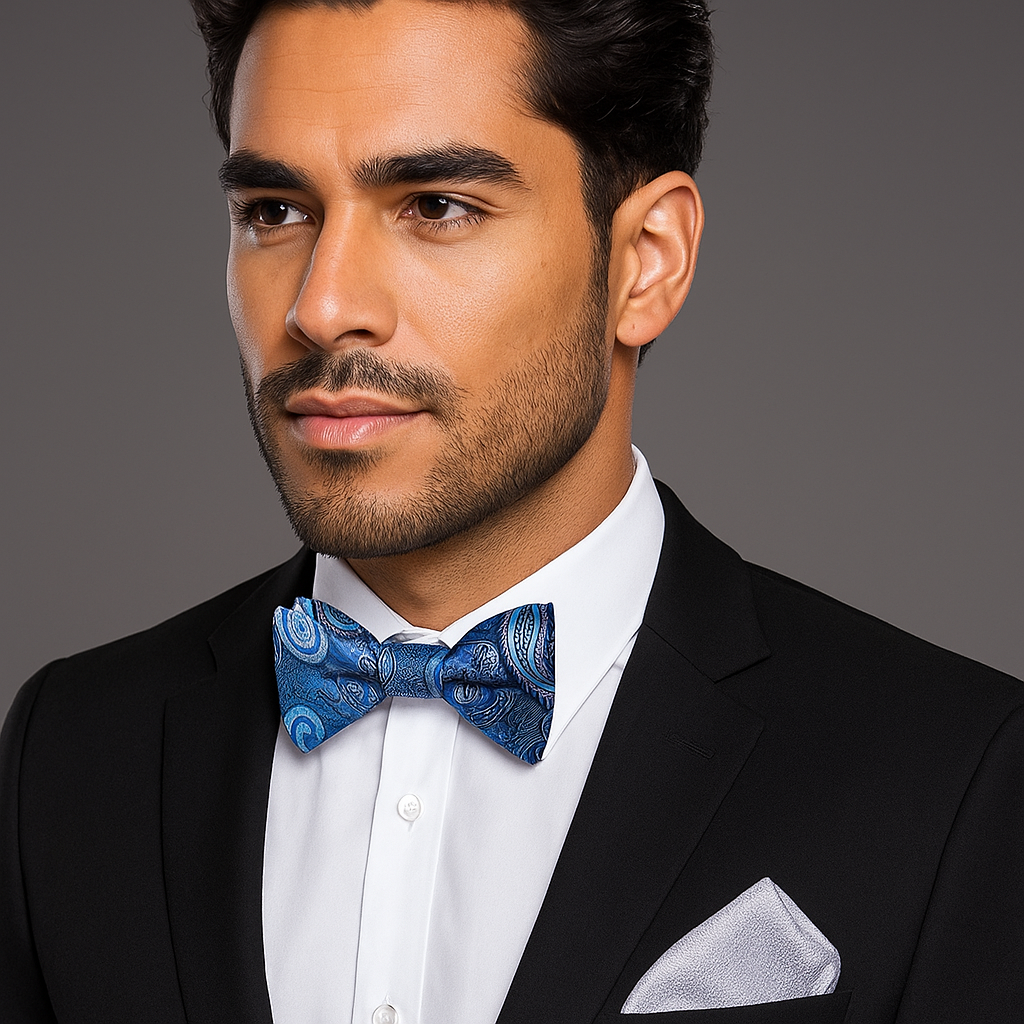 Man wearing a black suit with a blue paisley bow tie and silver and white shirt against a gray background