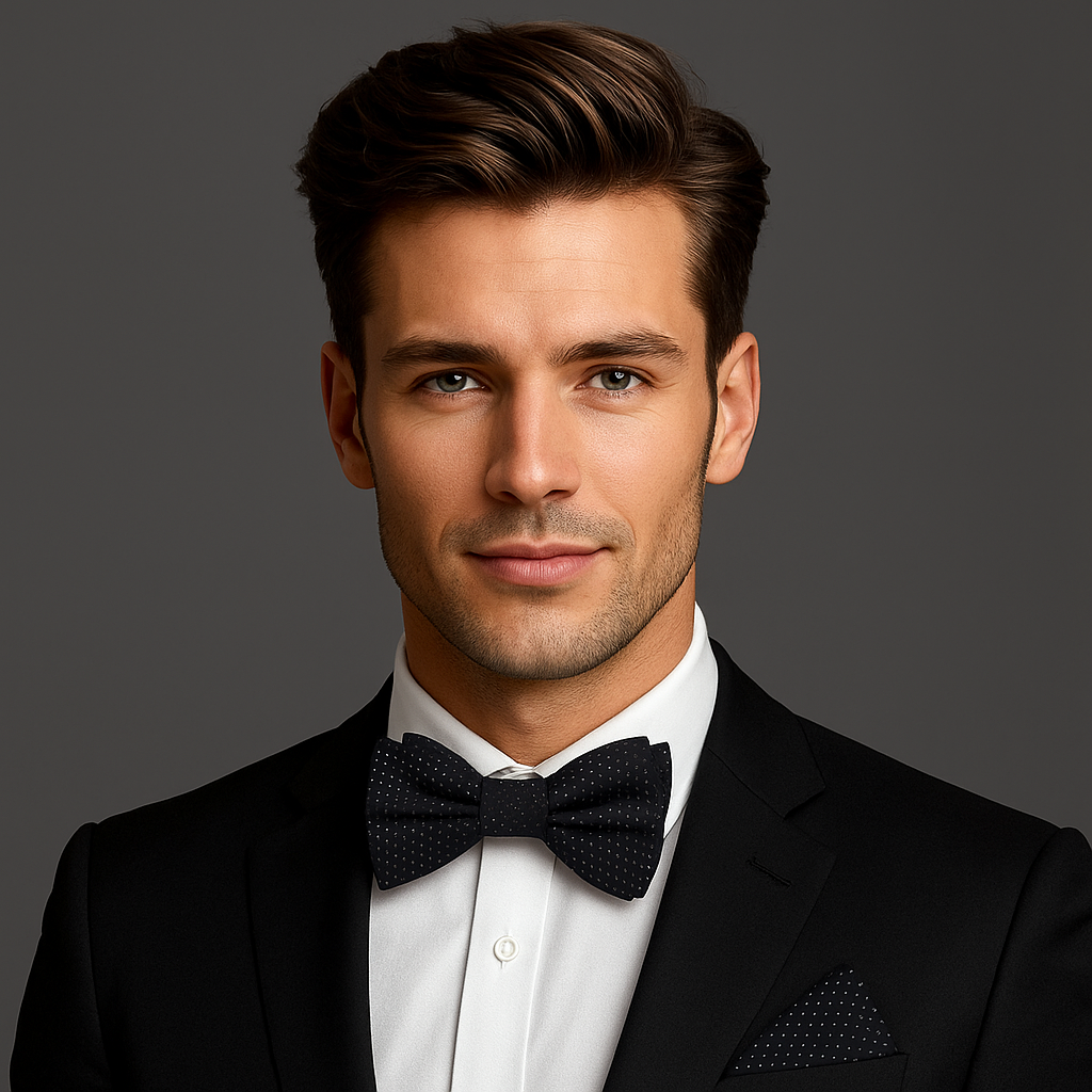 Man wearing a black tuxedo with a black bow tie against a gray background