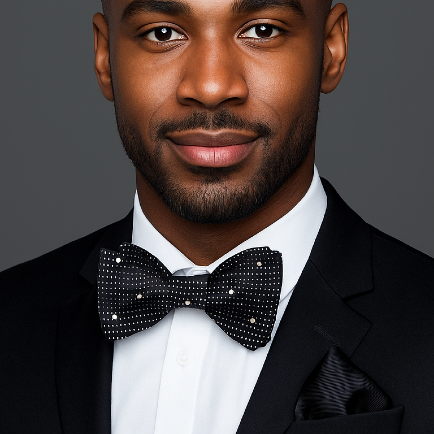 Man wearing a black suit with a black with white polka dots bow tie against a gray background