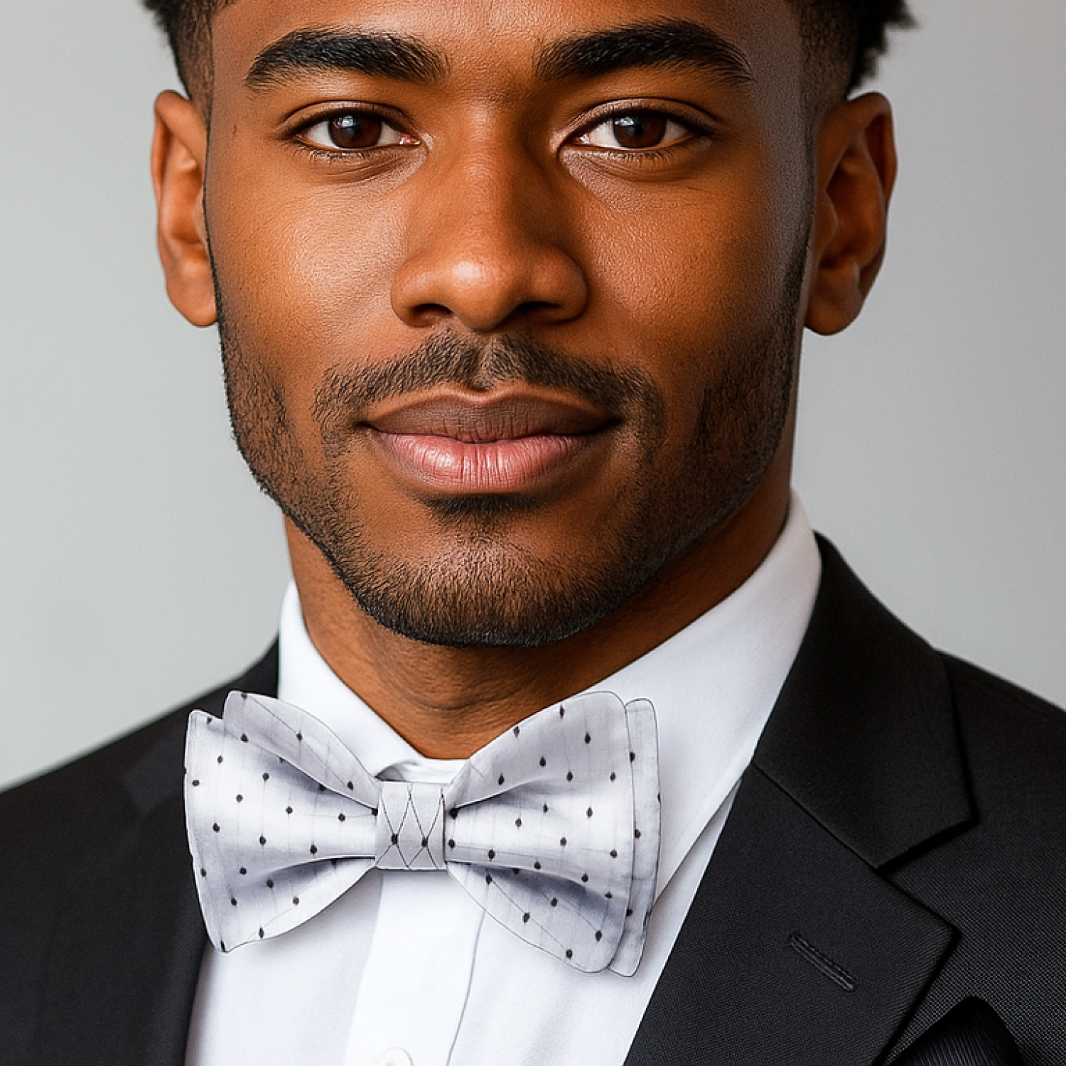 Man wearing a black suit with a white shirt and white with small black polka dot bow tie against a gray background