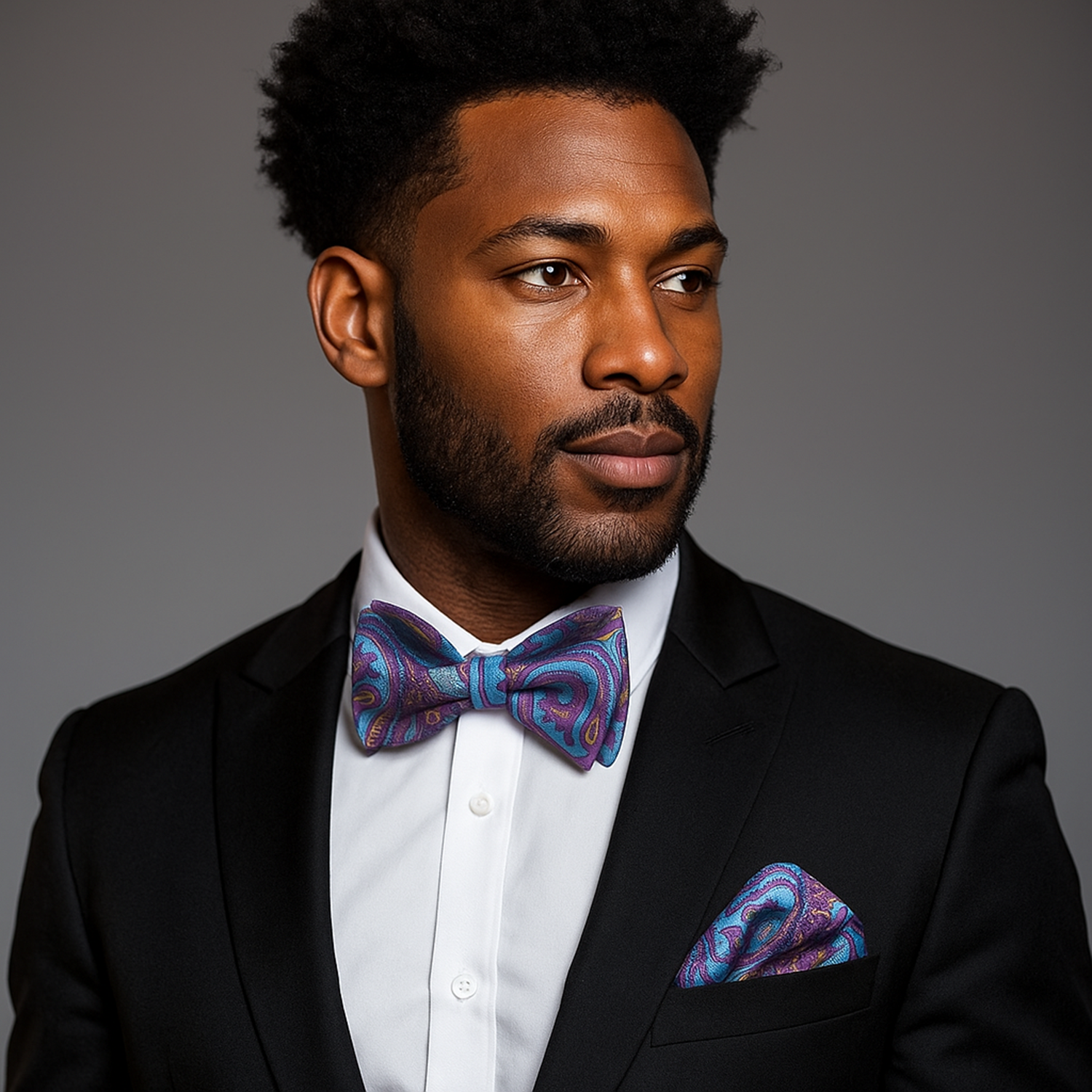 Man wearing a black suit with a colorful bow tie and pocket square on a gray background