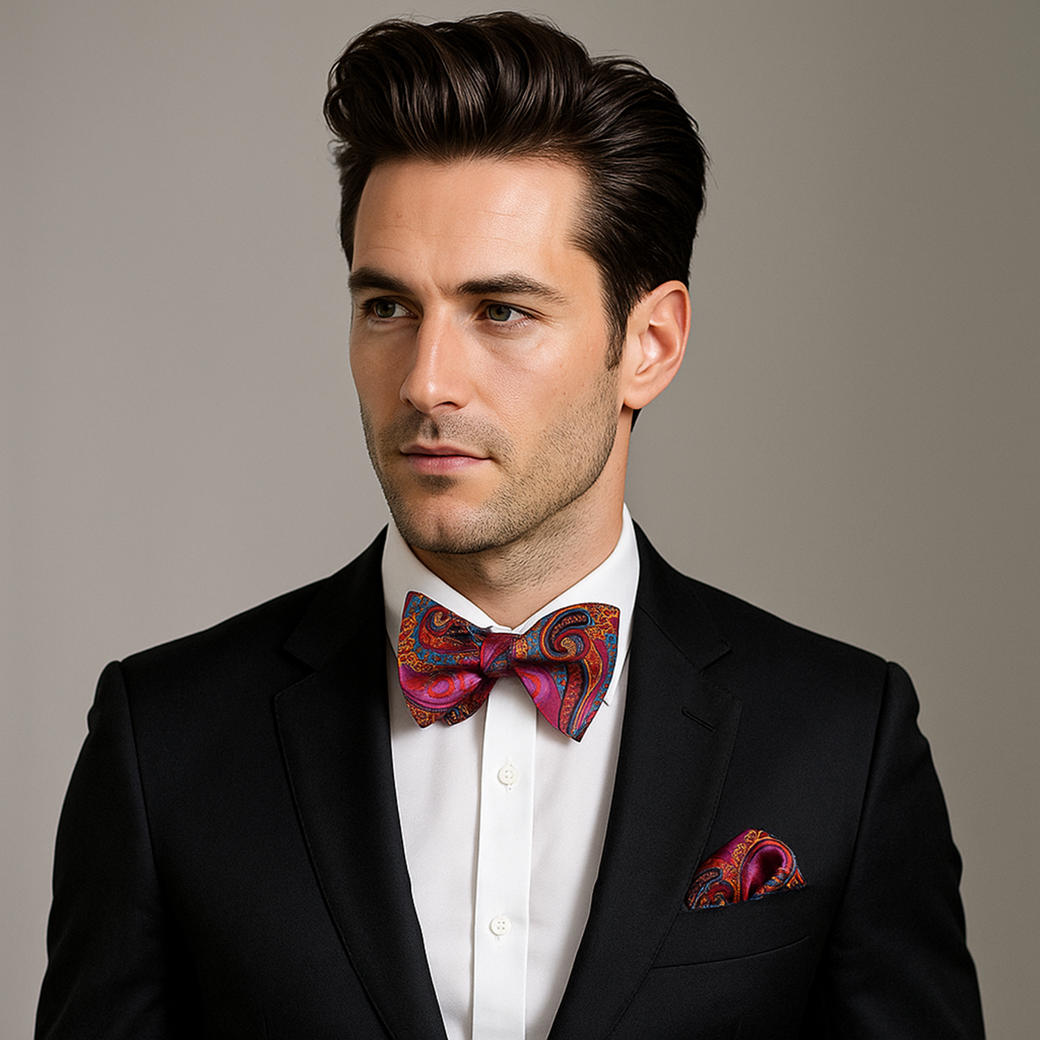 Man wearing a black suit with a colorful bow tie and pocket square against a gray background
