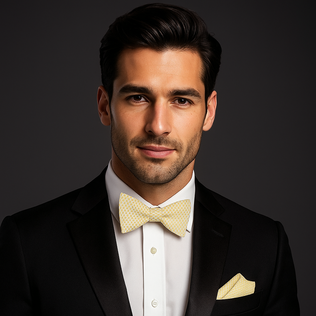 Man in a black suit with a yellow bow tie and pocket square on a dark background