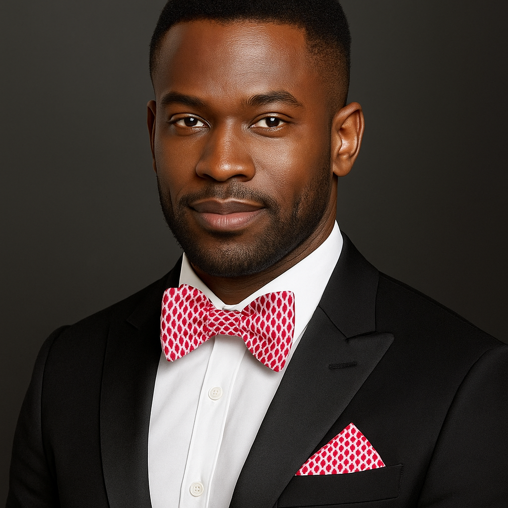 Man wearing a black suit with a red geometric bow tie and pocket square on a dark background