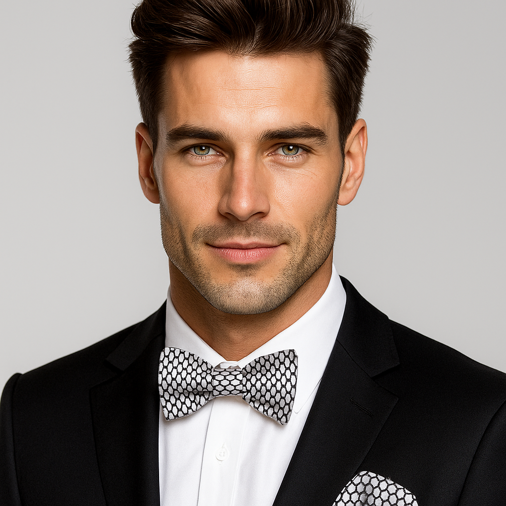 Man wearing a black tuxedo with a silver and black geometric patterned bow tie against a gray background