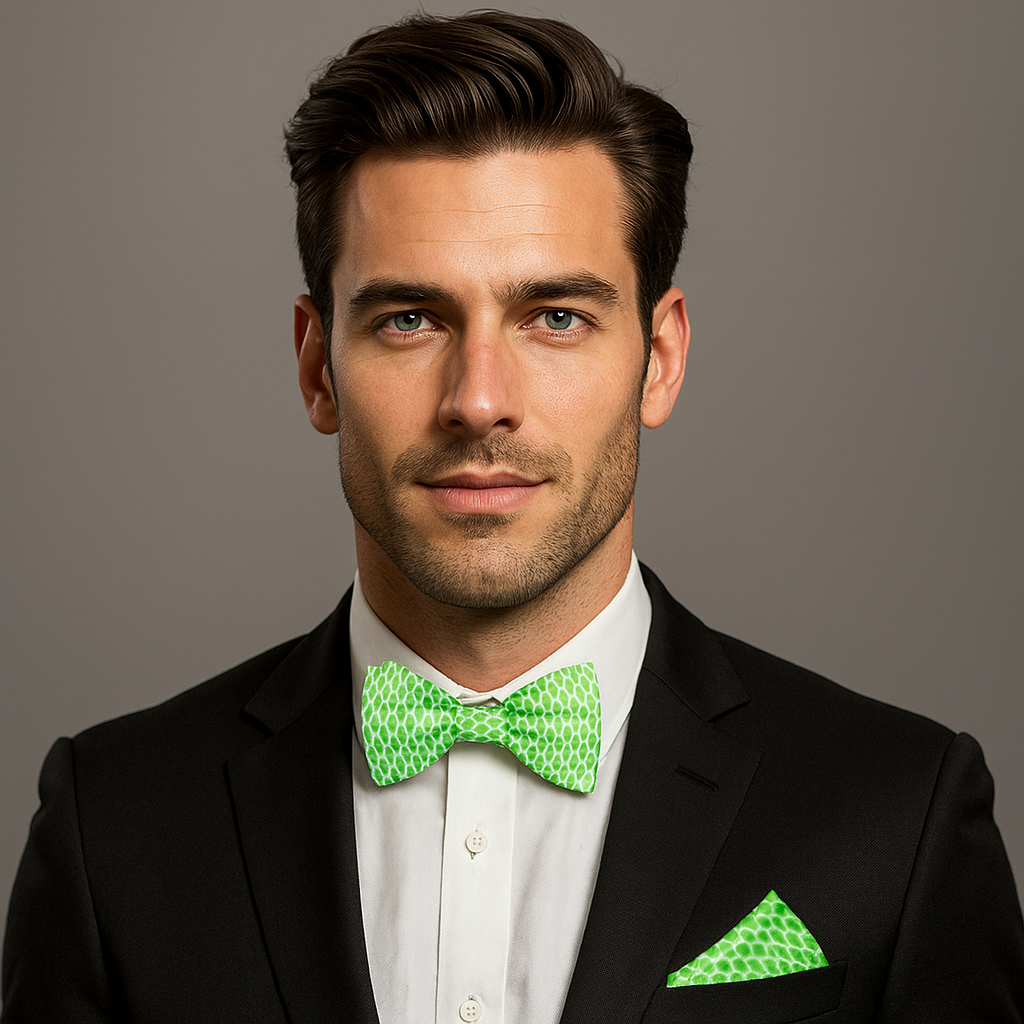 Man wearing a black suit with a white shirt and green geometric bow tie and pocket square on a gray background