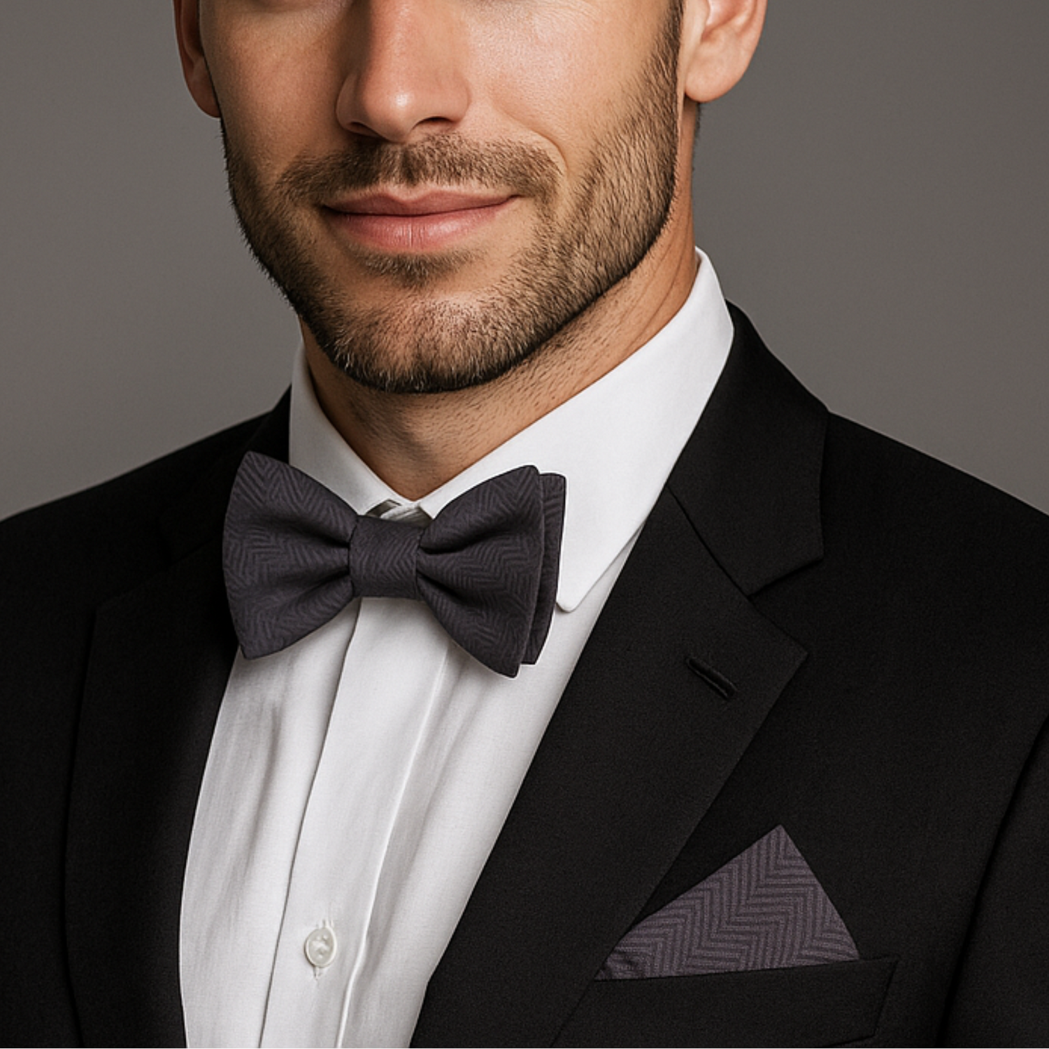 Man wearing a black suit with a white shirt and purple bow tie against a gray background