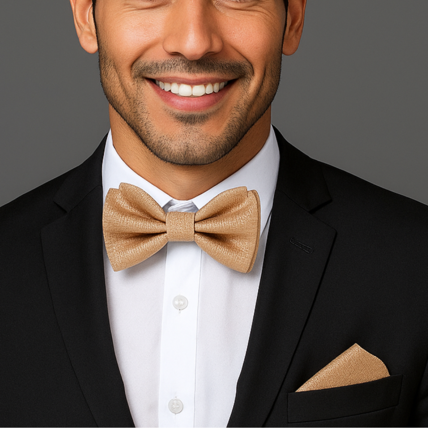 Man wearing a black suit with a beige bow tie and pocket square on a gray background