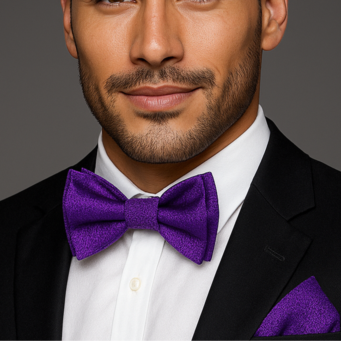 Man wearing a black suit with a purple bow tie against a gray background