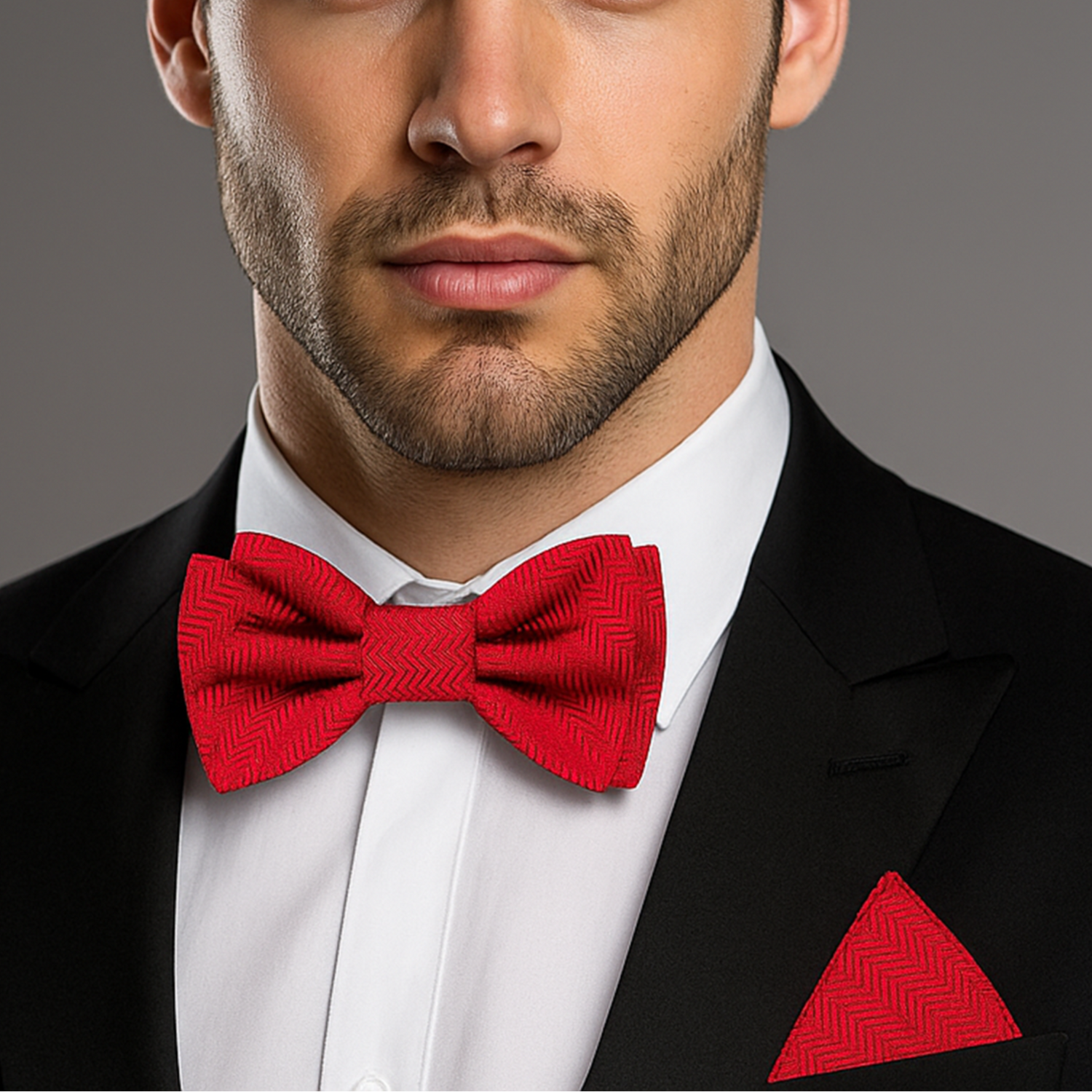 Man wearing a black suit with a red bow tie and pocket square on a gray background