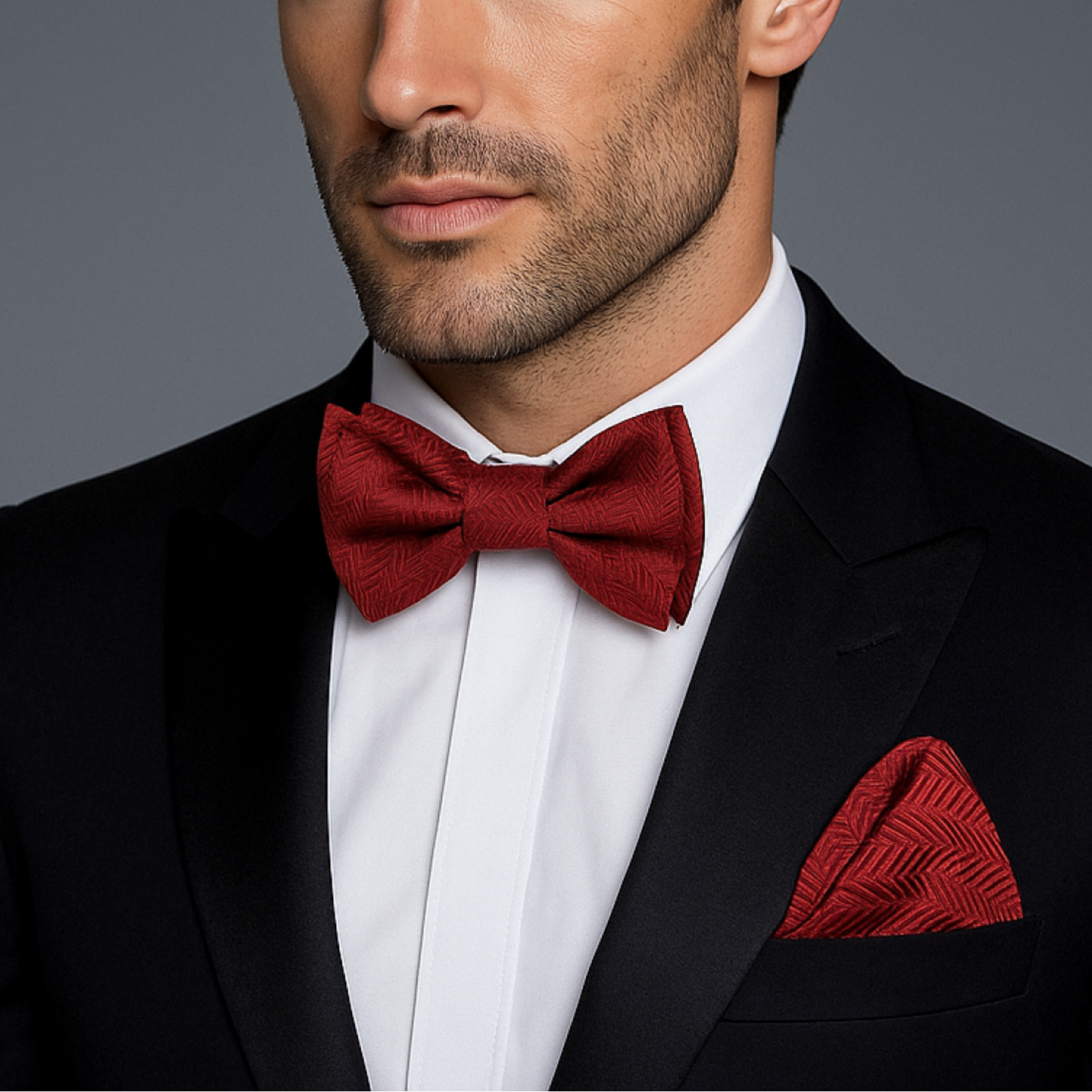 Man wearing a black suit with a Garnet Red Solid Pattern Self Tie Bow Tie, Matching Pocket Square on a gray background