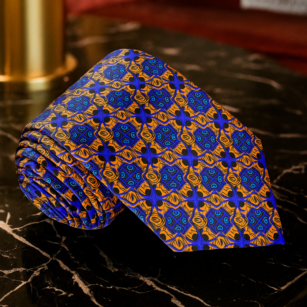 Blue, Orange, Gold Abstract Tie  on a dark marble surface