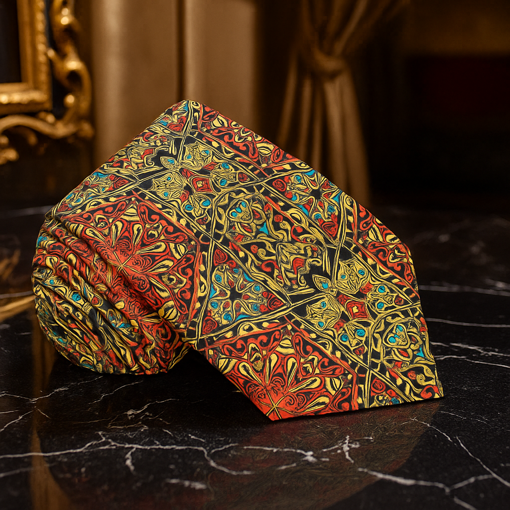 Black, Red, Orange, Yellow Abstract Necktie on black marble