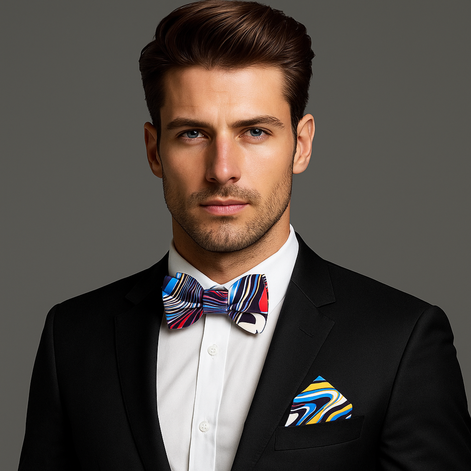 Man wearing a black suit with a colorful red, blue and yellow swirls bow tie and pocket square on a gray background