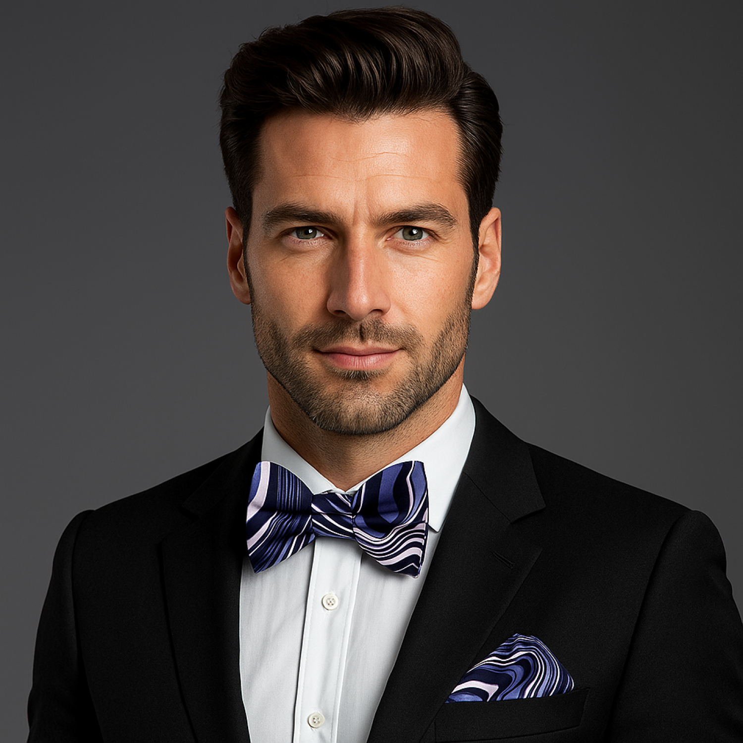 Man wearing a black suit with a white shirt and blue and black swirls bow tie on a gray background