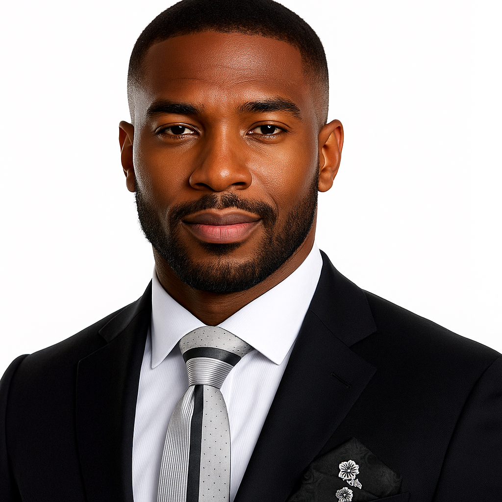 Man wearing a black suit with Silver, Black Lined Tie and Black Floral Pocket Square
