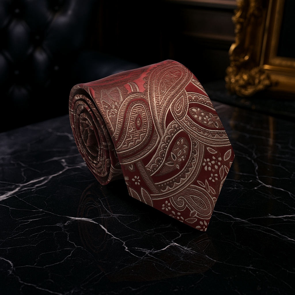 A Deep Red, Brown Paisley Pattern Necktie 