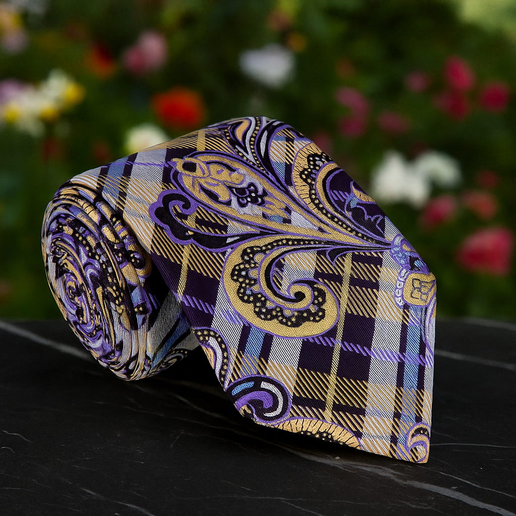 A Purple, Yellow, Light Blue Plaid and Paisley Pattern Silk Necktie 