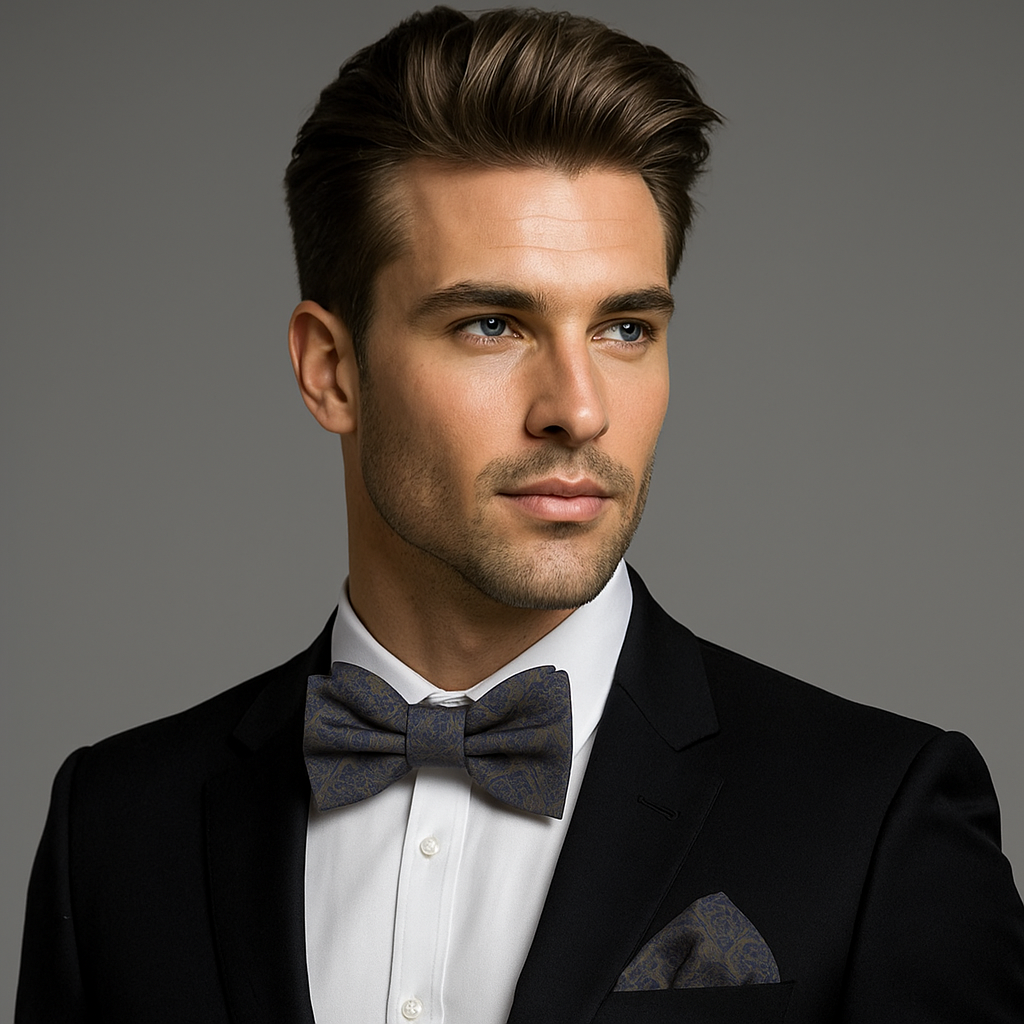 Man wearing a black suit with a olive green and blue geometric bow tie against a gray background