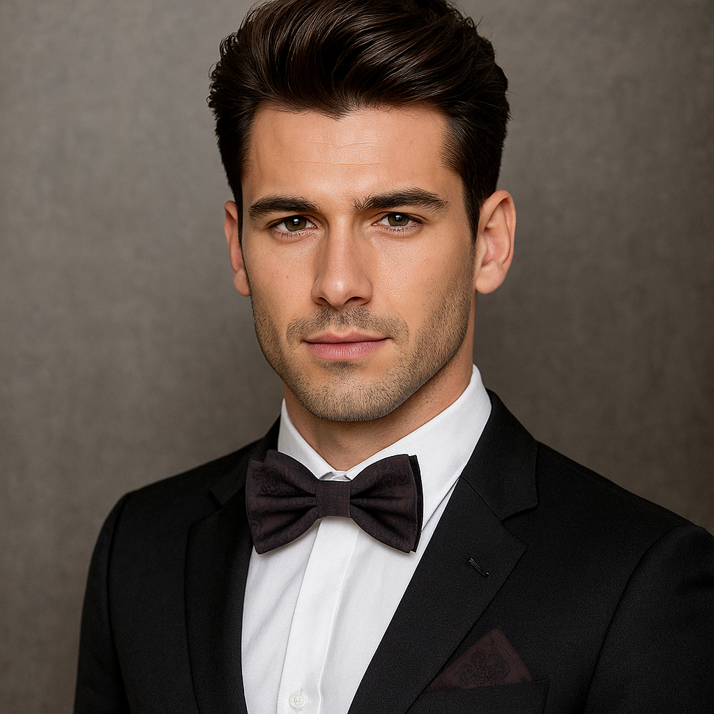 Man wearing Brown Abstract Bow Tie and Pocket Square||Brown