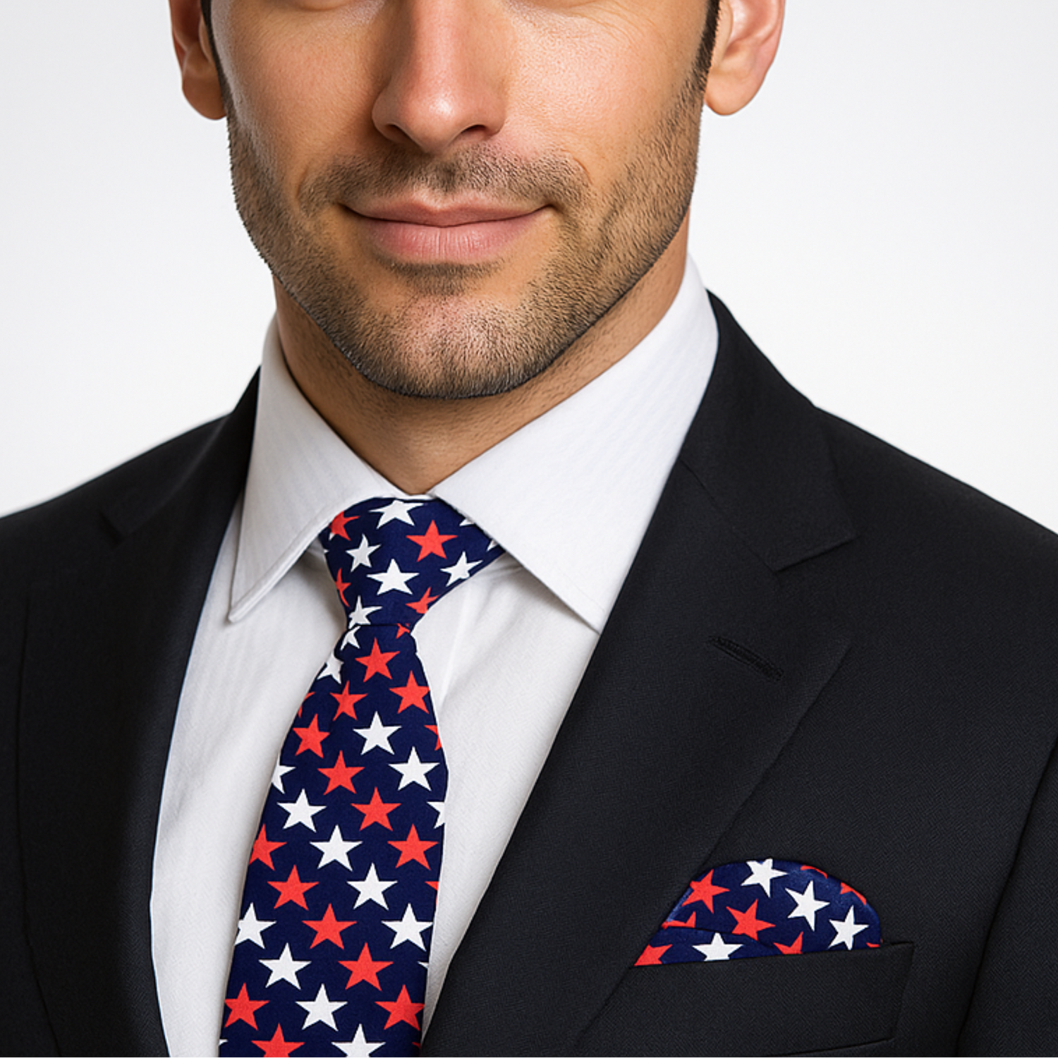 Man wearing a dark suit with a red, white, and blue stars tie and pocket square on a light gray background