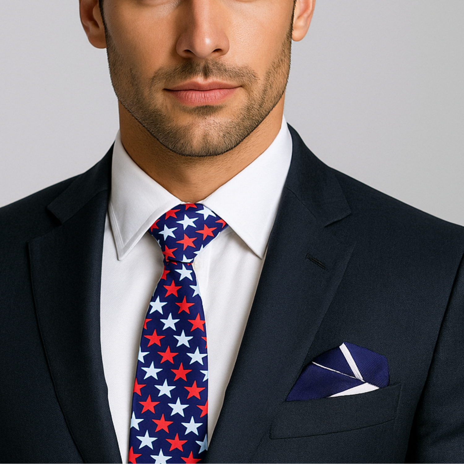 Man wearing a dark suit with a white shirt and a red, white, and blue star-patterned tie.